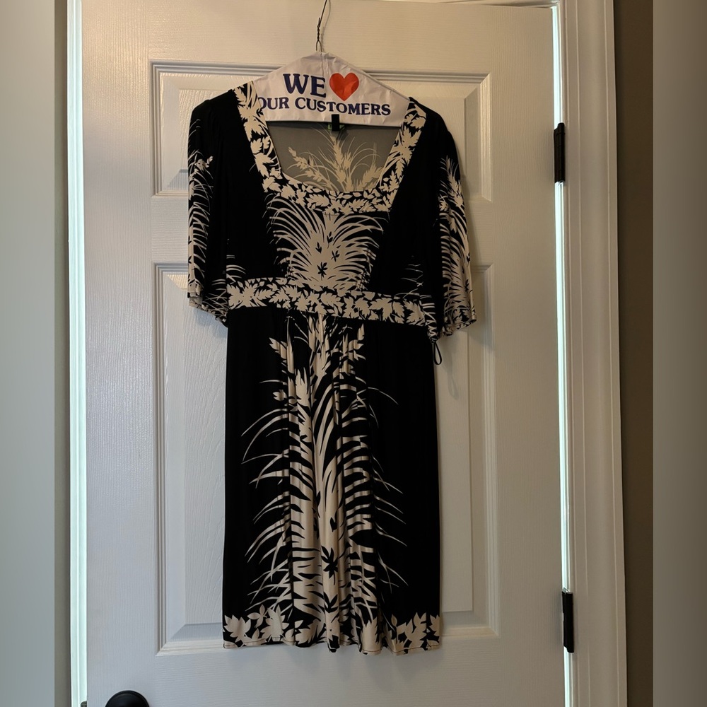 BCBGMaxAzria square neck empire waist palm tree print, XS